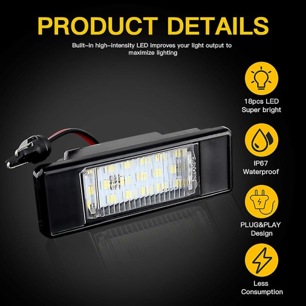 2 stk. feilfrie hvite LED-skiltlys for Nissan X-trail T30 T31 Qashqai J10 J11 Primera P12 Pathfinder R51 Juke F15