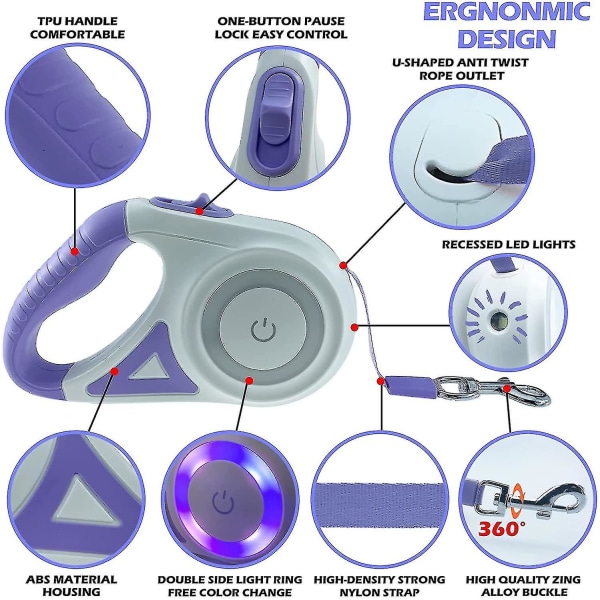 Hundebånd Uttrekkbart hundebånd med LED lys lommelykt Gåbånd for valp Små middels hunder bånd Enhåndsbrems Fri bevegelse En men 4-Purple(16FT)