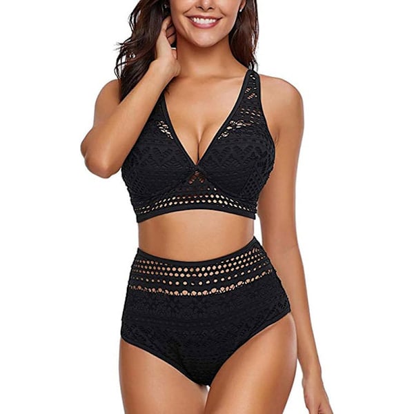Dame Bikini Sæt Sexet Mesh Todelt Badedragt Bustier Høj Talje Mavekontrol Badedragt (sort M) Sort Black m