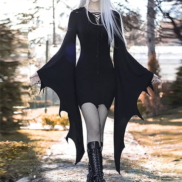 Gotiska kläder Dam Klänningar med fladdermus ärm Halloween kostym Svart Steampunk Miniklänning Vampyr Cosplay Häxadräkt XL