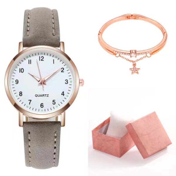 Klassisk Quartz-klokke for kvinner med lysende urskive, frostet lærreim, retro liten rund dameklokke med armbånd og eske Gray