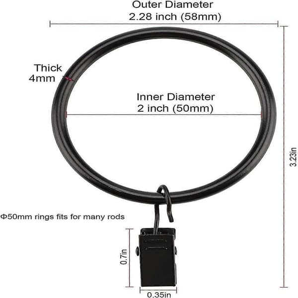 Gardinklemmer med Ringer 50mm, Sett med 16 - Rustfritt Matt Stål