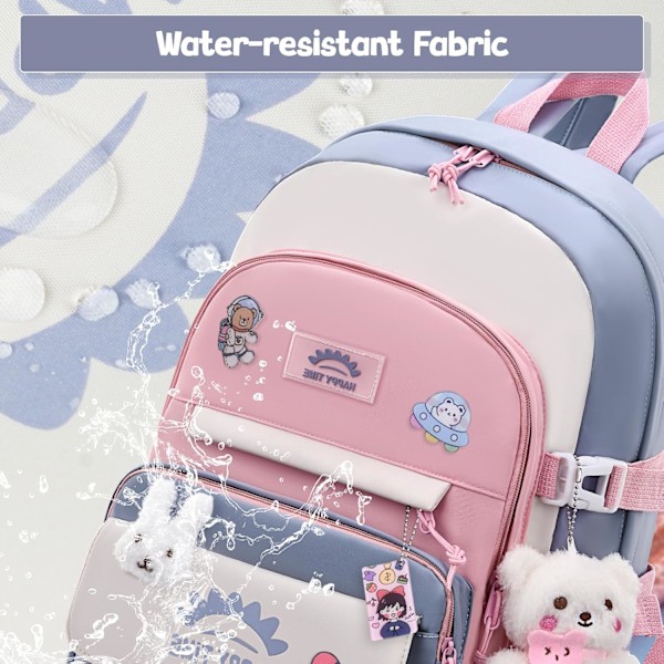 Ryggsekk for jenter med anheng fra 8 til 12 år, lett og vanntett Kawaii nylon skoleveske for jenter, blå