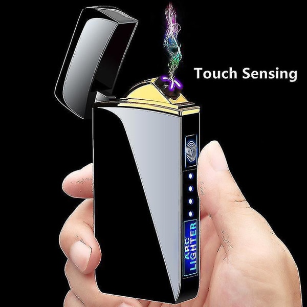 Elektrisk vindtett metalllighter dobbel lysbue flammeløs plasma oppladbar usb lighter LED Power Display Touch Sensor Lighter Black