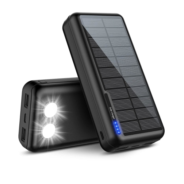 Solar Power Bank 30000mAh Oplader: Bærbar Power Bank med 2 USB- og LED-lommelygter Udendørscamping til telefontablets