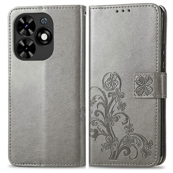Firekløverlås Præget Spænde Læder Telefoncover Grey For Tecno Spark Go 2024