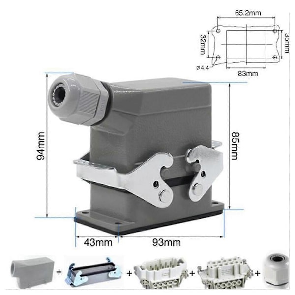 Suorakulmaiset raskaat liittimet HDC HE 10-nastainen 16A 500V vedenpitävä ilmailupistoke sivulinjaliitin, HDC-HE-010 Gray