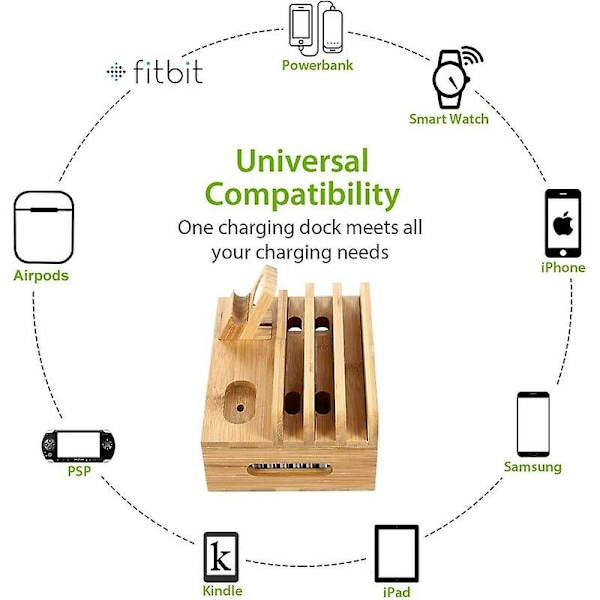 Bambus Ladestation Bordstativ og Ladestation til Flere Enheder Dockingstation Ladestation til Mobiltelefon/tablet/apple Watch/airpods, aespa