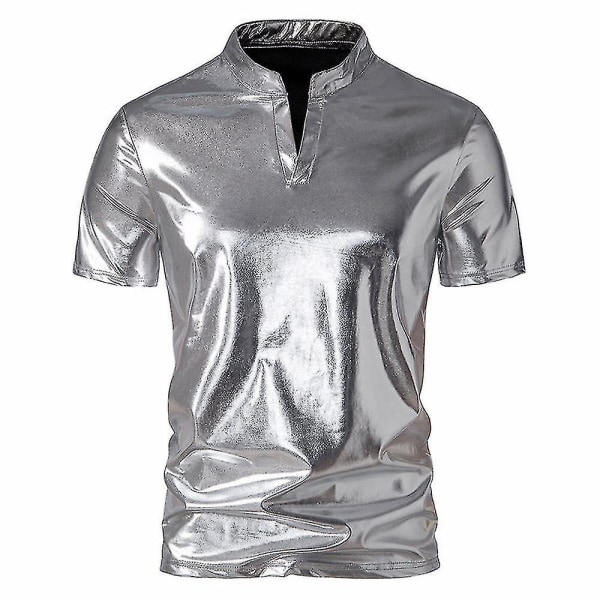 Menn V-hals Sparkle Kortermede skinnende poloskjorter 70-tallet 80-tallet Disco Party Uformelle T-skjorter T-skjorter Silver 2XL