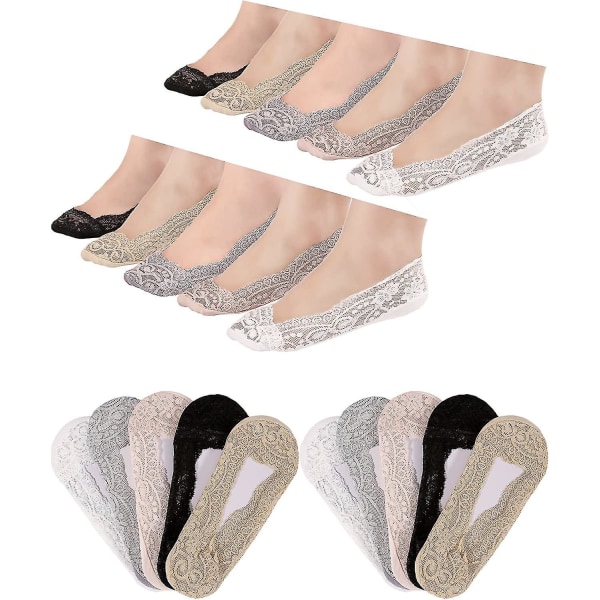 10 paria No Show Lace Boat -sukat Liukumattomat nilkkasukat Näkymättömät sukat naisille Favors (5 väriä) (koko: one size)