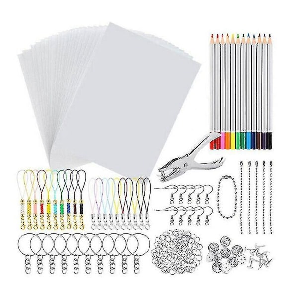 198 stk Shrinky Art Paper Heat Shrink Sheet Plastic Kit Hull Punch Nøkkelringer Blyanter Gjør-det-selv-tegning