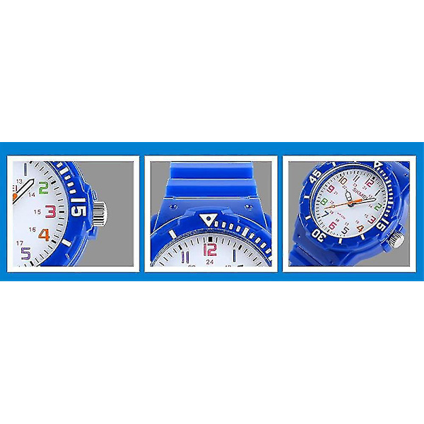 Barneklokke Gutter Analog Kvarts 50m Vanntett Klokke Plast og Gummi Roterende Rem Farget Skive Mote Armbåndsur For Jenter (blå)