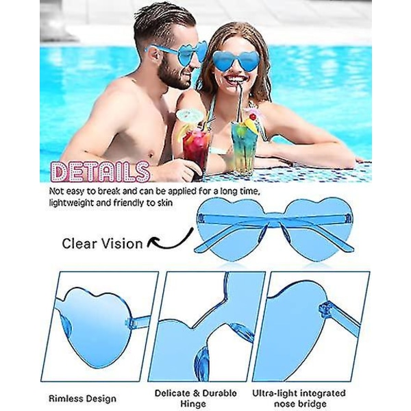 8 par kantløse solbriller Hjerteformede innfatningsbriller Trendy gjennomsiktig godterifarge briller for festgodtgjørelse (blå)