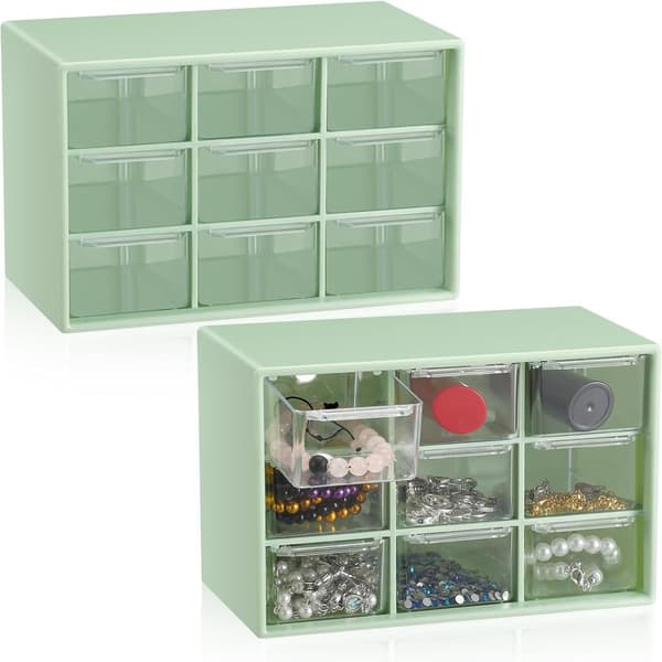 2-piece small storage box, teacher toolbox, with 9 transparent drawers, small plastic desk organizer for teachers.