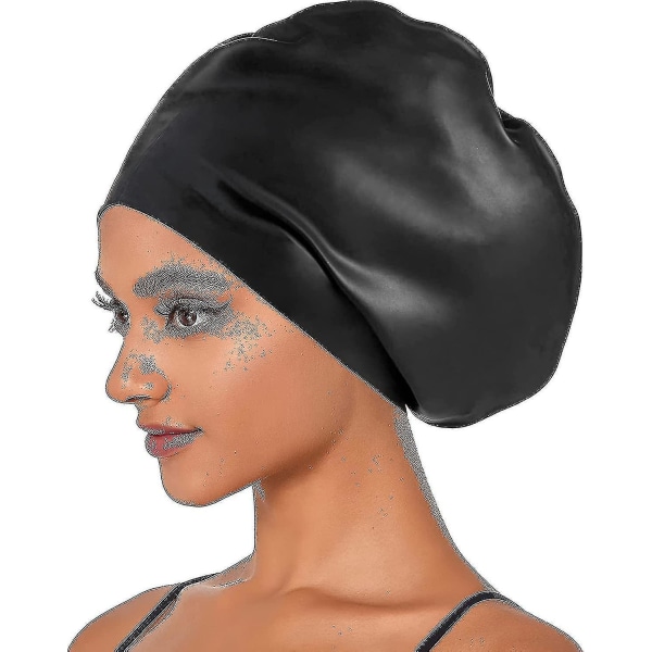 Ekstra stor silikon badehette for lange hår fletter og dreadlocks, vanntette silikon badehetter for kvinner menn barn Black