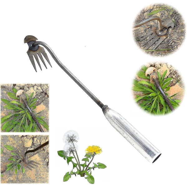 Puutarhan rikkakasvitintyökalu, metallinen rikkakasvien torjuntatyökalu, jossa 4 hammasta – päivitys juurineen kitkemiseen ja kaksikäyttöiseen kitkemiseen, Weeds Snatcher 1pcs 30cm metal handle