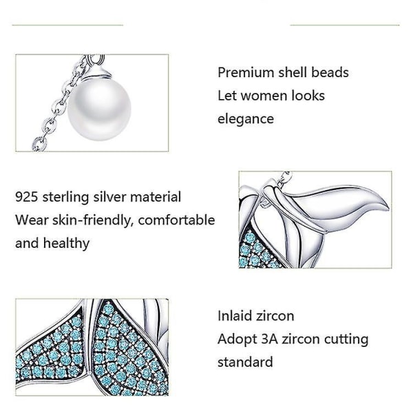 Mermaid Tears S925 Sterling Sølv Halskjede Ocean Shell Pearl Fish Hale Halskjede
