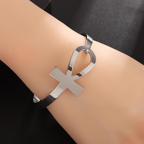 Gamle egyptiske Ankh Crosscut armbånd Vintage Symbol Life Key Armbånd Minimalistiske smykker for kvinner AL19394-Silver