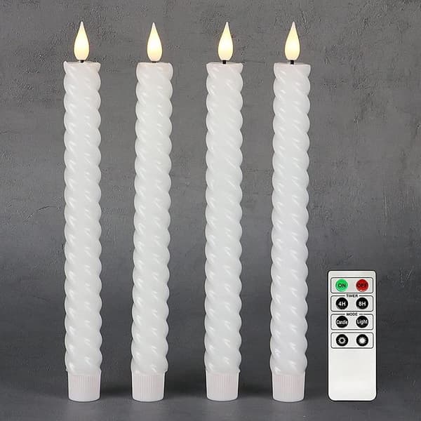 Sett med 4 batteridrevne koniske lys med fjernkontroll (hvit spiralvridd)