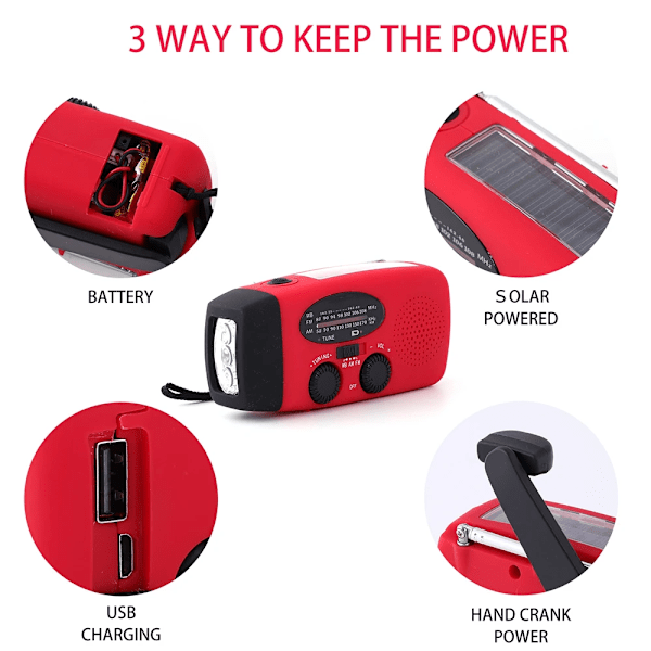 2000 mAh nødradio med LED-lampe, USB solcellelading, bærbar oppladbar FM/AM-radio for utendørs reiser.