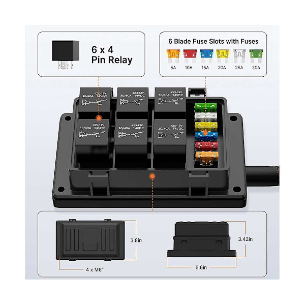 Reläbox 12V med 6 st 4-Pin Reläer och 6 st ATC/Bladsäkringar Förkopplad Reläbox med Reläkit