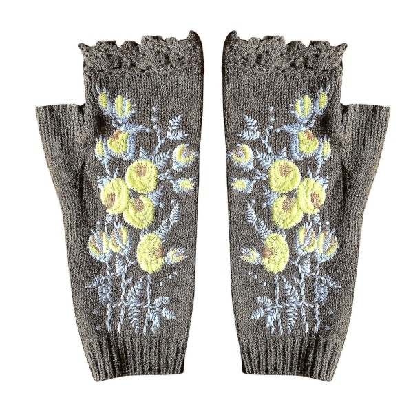 Damemote Vintage strikkede hansker Blomst uthult broderte varme halvfinger damehansker