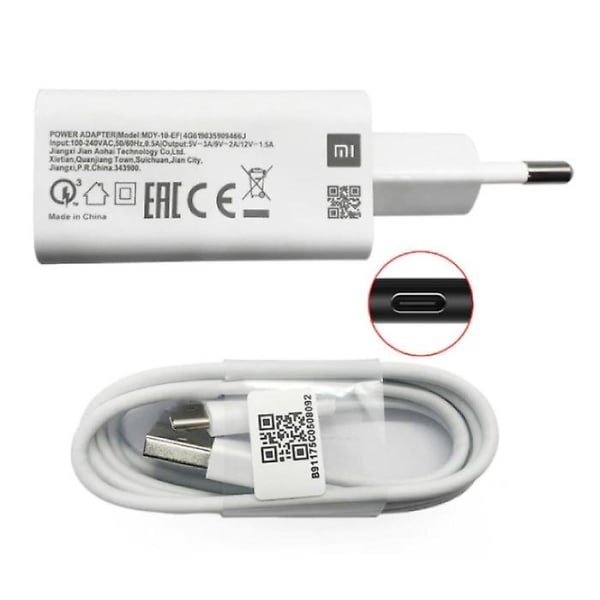 Xiaomi Fast Charge Plug Lader + USB-C ladekabel - 3A Quick Charge 3.0 laderadapter og datakabel Hvit