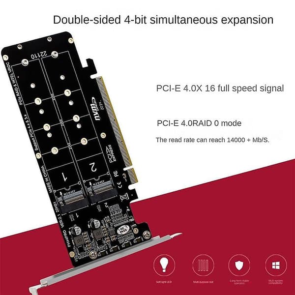 Dobbeltsidet 4-Disk NVME RAID-kort PCIeX16 til M.2 M-Key NVMEx4SSD 2U Server RAID-udvidelseskort Black