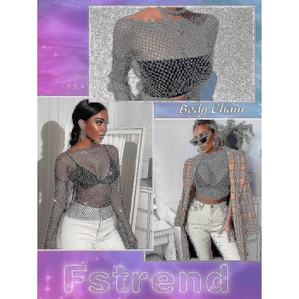 Kvinnor Mesh Body Kedjor Strass Långärmad Kristall Genomskinlig Cover Up Crop Tops Fishnet Bikini