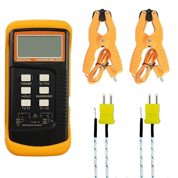 Digital K Typ Termoelement Termometer (-50-1300C) Dubbel Kanal, 2 Termometer Rörklämmor och 2 Sensorprober