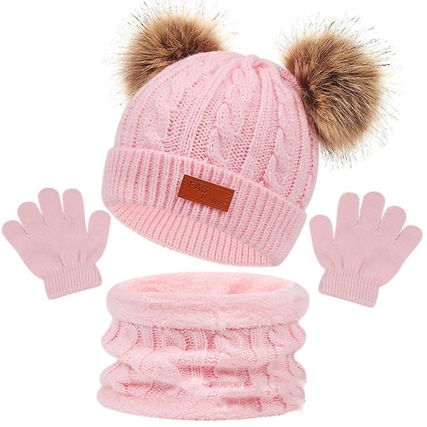 Toddler lapset pompon pipo hattu huivi set talvineulottu lämmin fleece- cap kaulaputki set Pink A
