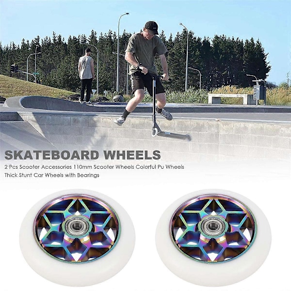 2 stk. 110mm Scooter Hjul Farverige Pu Hjul Tykke Stunt Bil Hjul med Lejer (Hvid)
