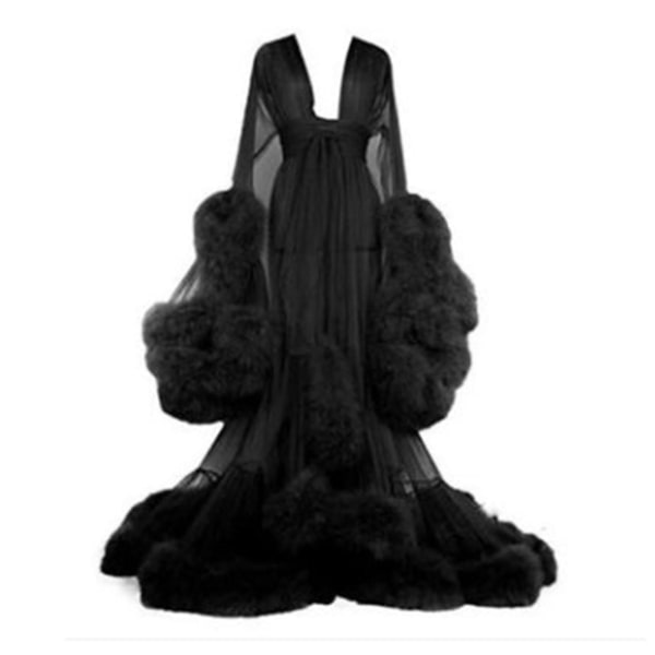 Släpande långklänning för kvinnor med fjäderutsvängda ärmar, perfekt för möhippa Black XL