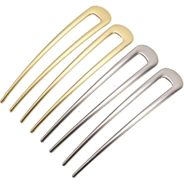 4-pack enkel metall U-formad hårnål gaffelpinnar 2 pinnar Updo Chignon-nålar, silver och guld