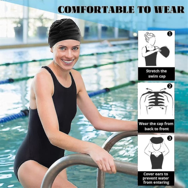 Svømmehette Nylonduk Plissert svømmehette for kvinner langt hår høy elastisk stor badehette Quick Dry Swim Hat Black