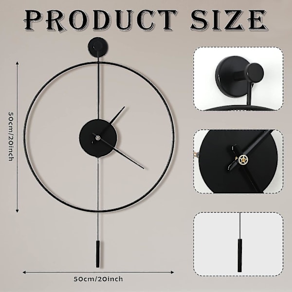 Klassisk Stor Pendel Väggklocka Dekorativa Konstklockor Rund Minimalistisk Modern Klocka Tyst Icke Tickande Ljudlös Metall Väggklocka 50cm Svart