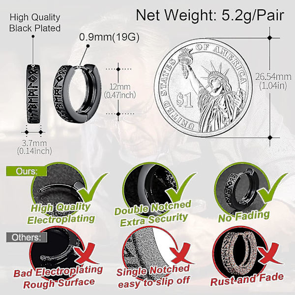 Norse Viking Runer Øreringe Til Mænd Kvinder 12mm Huggie Hoops Med Delikat Gaveindpakning