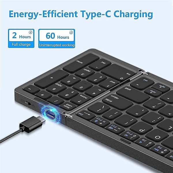 Sammenleggbart, USB-oppladbart trådløst tastatur for iOS, Android, Windows PC Laptop Smartphone - svart