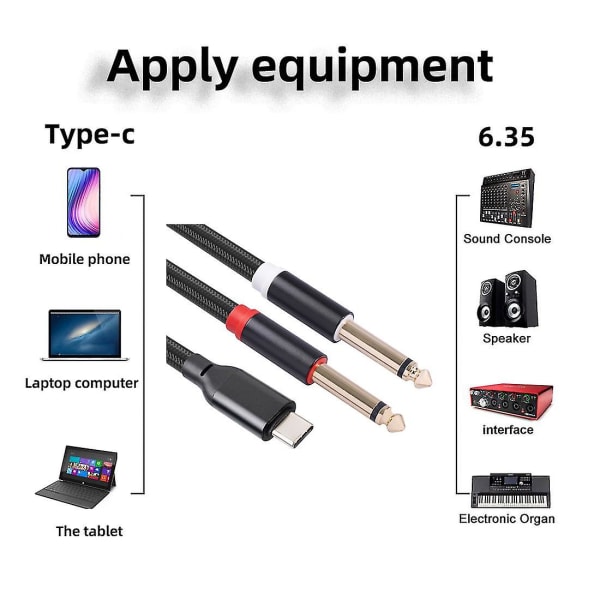 USB C till dubbla 6,35 mm ljudstereokabel typ C till dubbla 6,35 mm ljudsladd för smartphone multimedia Black