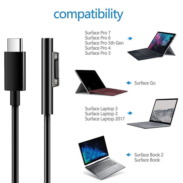 För Surface Anslut till USB C-laddningskabel Kompatibel för Surface Pro 3/4/5/6/7, Surface Laptop 3/