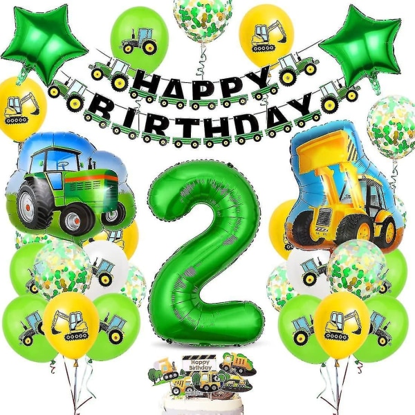 Traktorbursdagsdekorasjon for 2 år Gutter - Grønn folieballongdekor [xh]