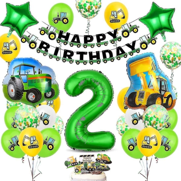 Traktori Syntymäpäiväkoriste 2-vuotiaille Pojille - Vihreä Folioballoonikoriste [xh]