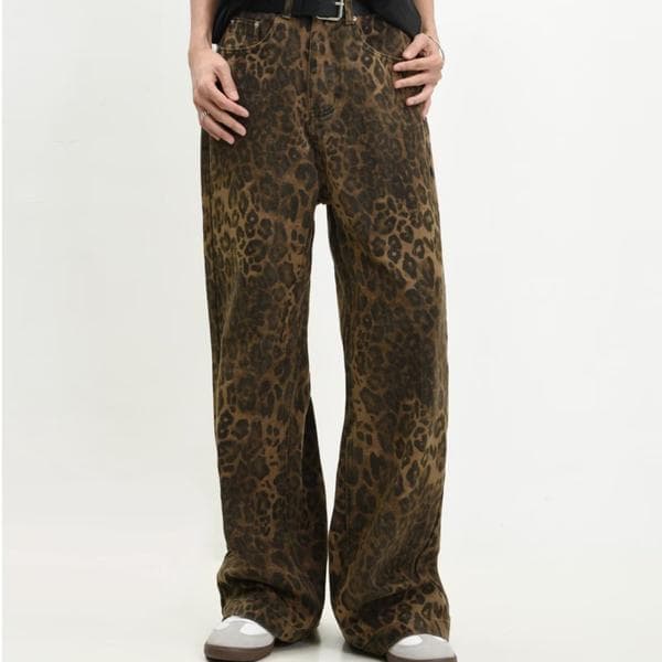 Brune leopardjeans - Damebukser i denim med brede ben - Leopardmønster leopardprint leopard print M