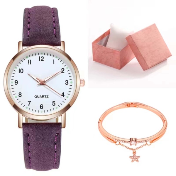 Klassisk Quartz-klokke for kvinner med lysende urskive, frostet lærreim, retro liten rund dameklokke med armbånd og eske Purple