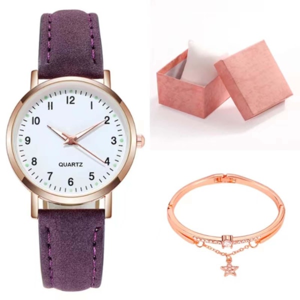 Klassisk watch för kvinnor med lysande urtavla, frostat läderarmband, retro liten rund watch med armband och låda Purple