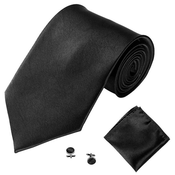Herremote ensfargede dresser Slips Slips Mansjettknapper Hanky ​​Set Tuxedo Suit Black