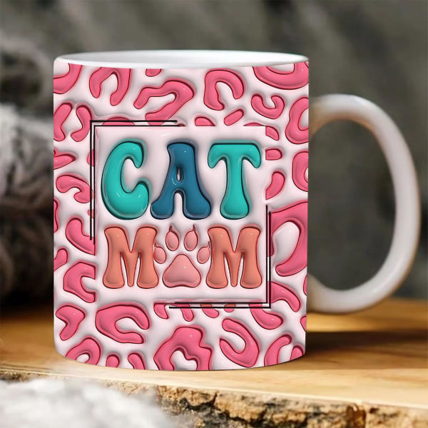 400ML Katt Mamma Hund Mamma Julekrus 3D Flat Design Kunsttrykk Stort håndtak Levende Farge Tykk Kaffekrus M1