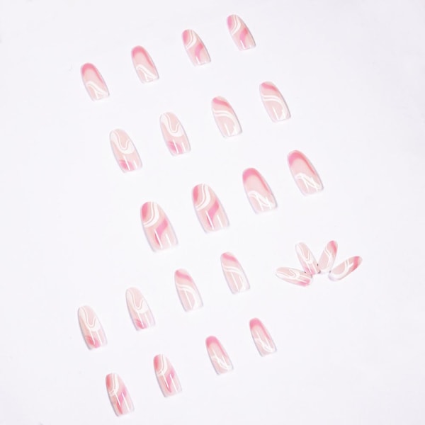 Tryck på naglar Medellånga mandelnaglar Tryck på rosa naglar Glansiga falska naglar Tryck på cover akrylnaglar (mandel2)
