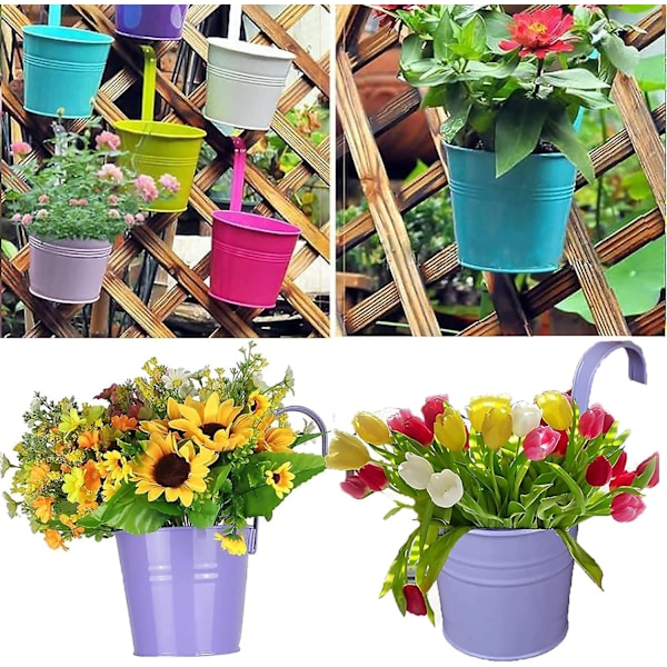 Sett med 10 metall blomsterpotter for oppheng med dreneringshull, avtakbar krok, assorterte farger 10x10x7cm Flerfarget