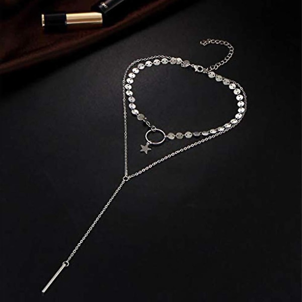 Bohemia Layered Choker Necklace Gold Disc Choker Star Choker Lariat & Y Halsband Bar Pendant Halsband (silver)